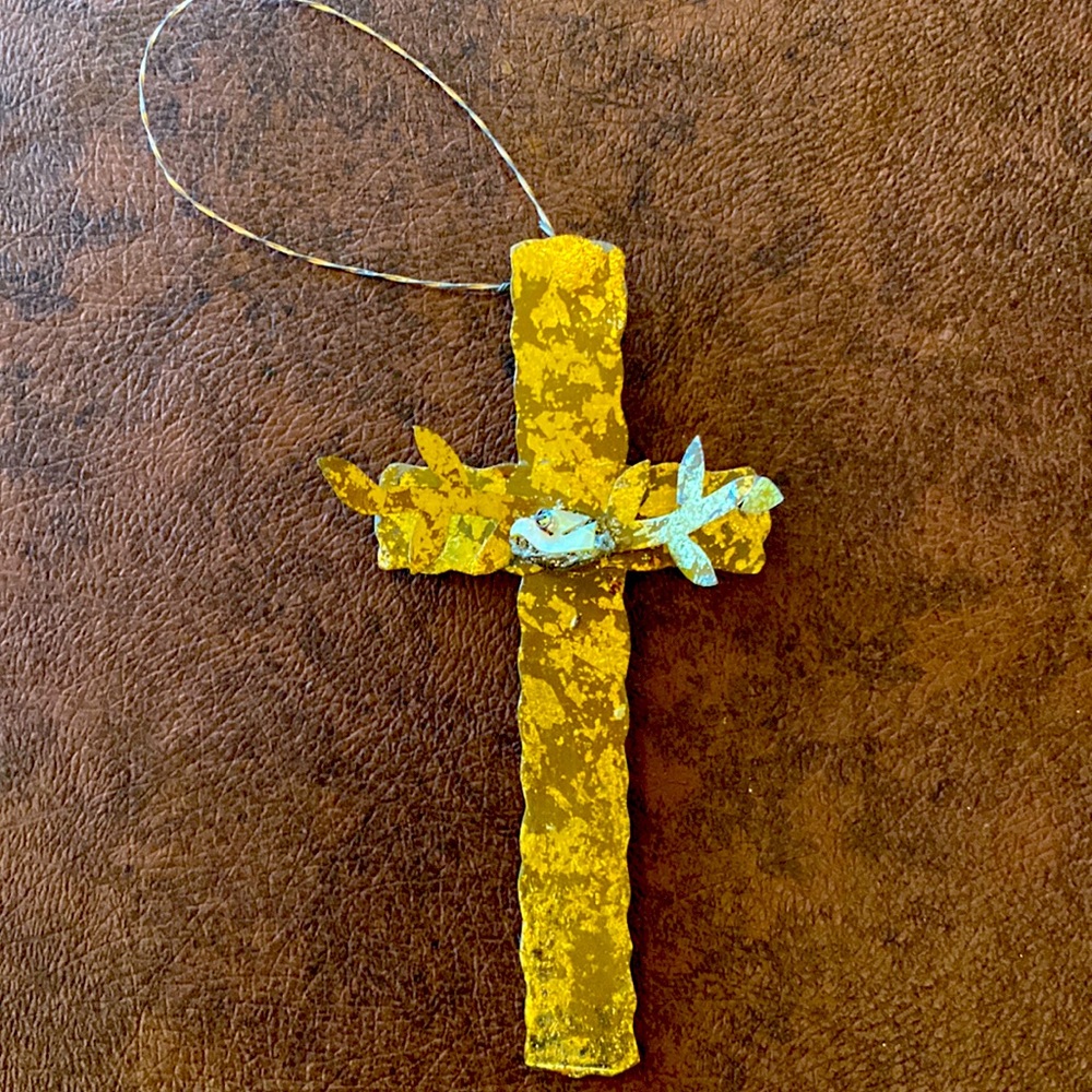 Thin Metal Cross/Ornament with Dove in a Nest
